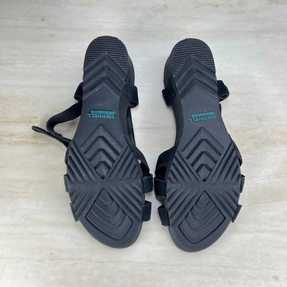 Merrell Black Suede Strappy Wedge Sandals Womens 11 M Select Grip Air Cushion
